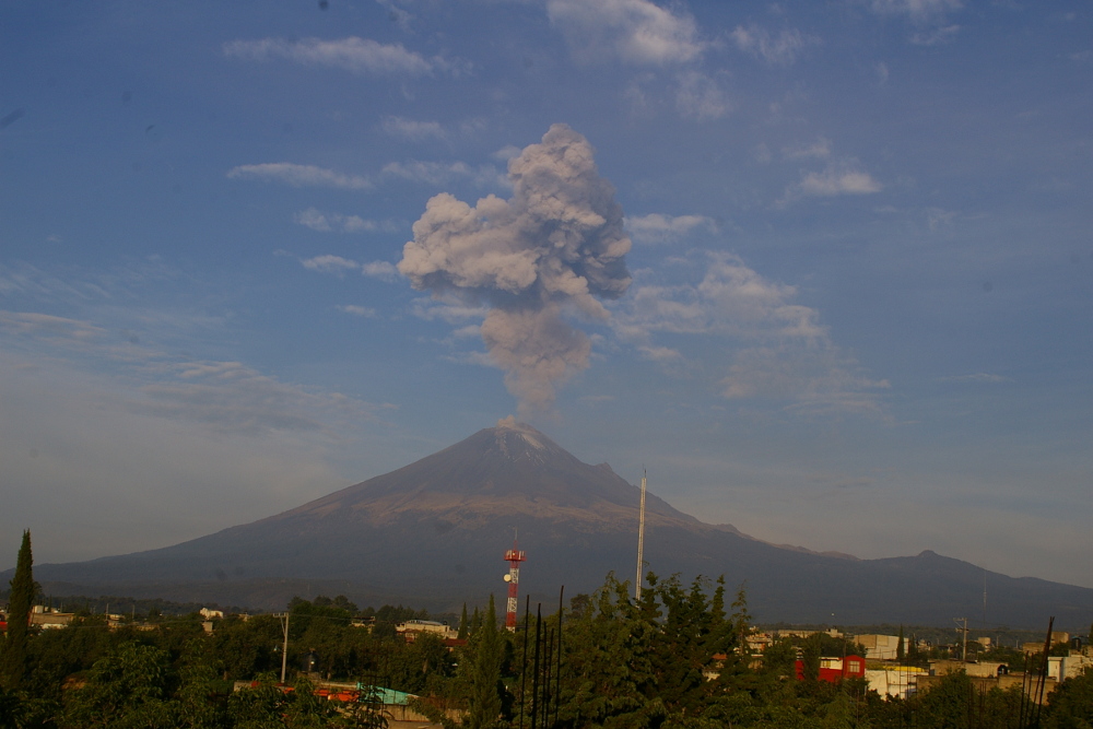 Popocatépetl viewed from San Andrés Calpan. Yes, that is ash above the volcano.